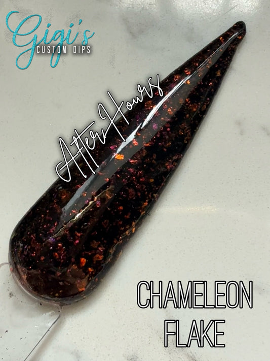 After Hours black dip powder with copper and fiery orange through pink, magenta and flashes of gold chameleon flakes