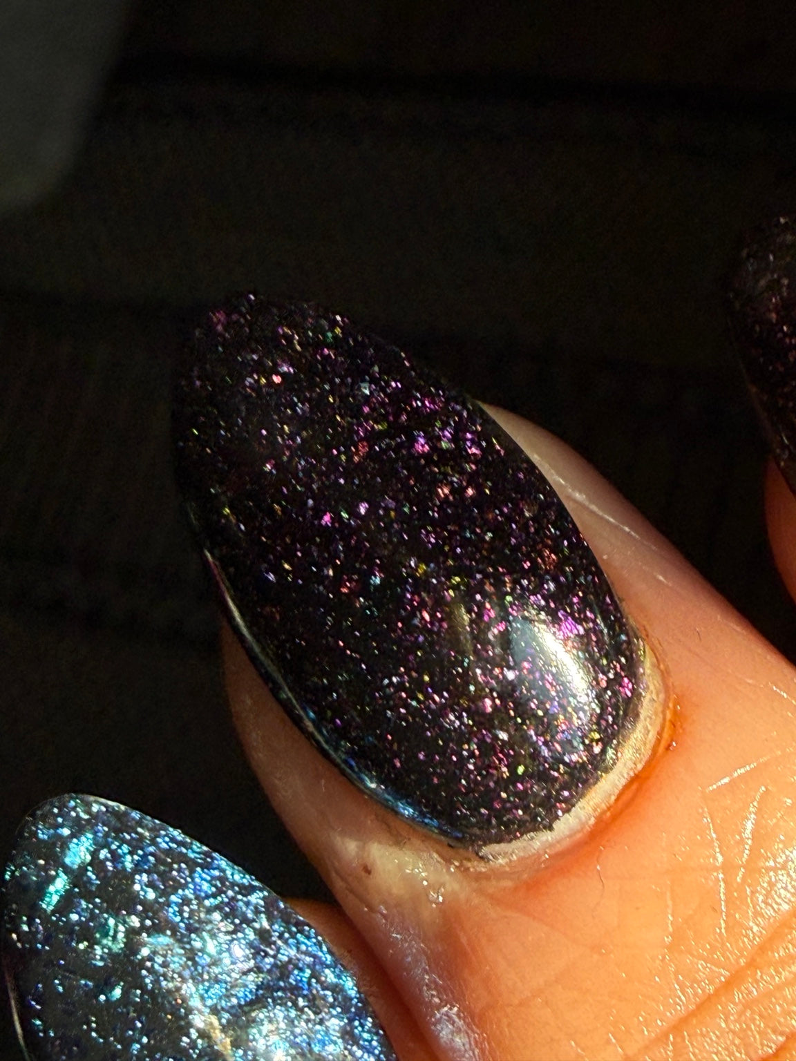Burn Book purple and Zero Regrets blue chameleon flake manicure