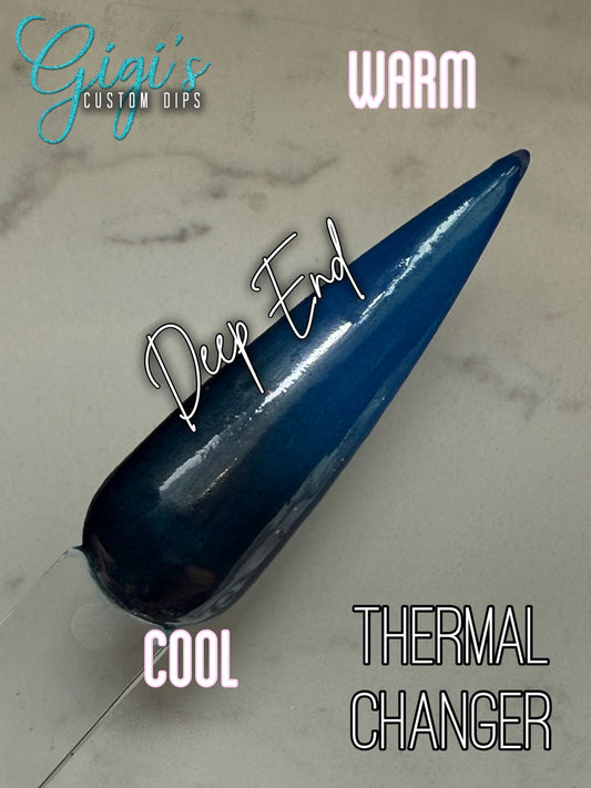 Labeled Deep End thermal dip powder swatch showing cool deep teal navy and warm bright ocean blue