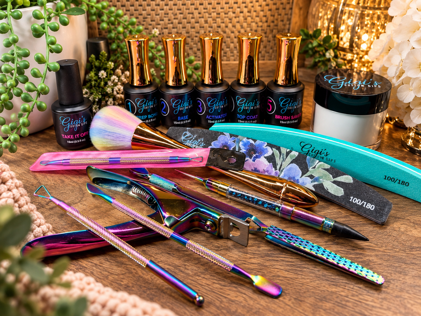 Styled Everything But the Salon kit with dip liquids, clear powder and manicure tools