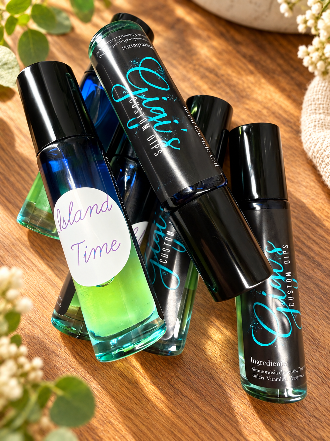 Island Time cuticle oil collection, styled product photo