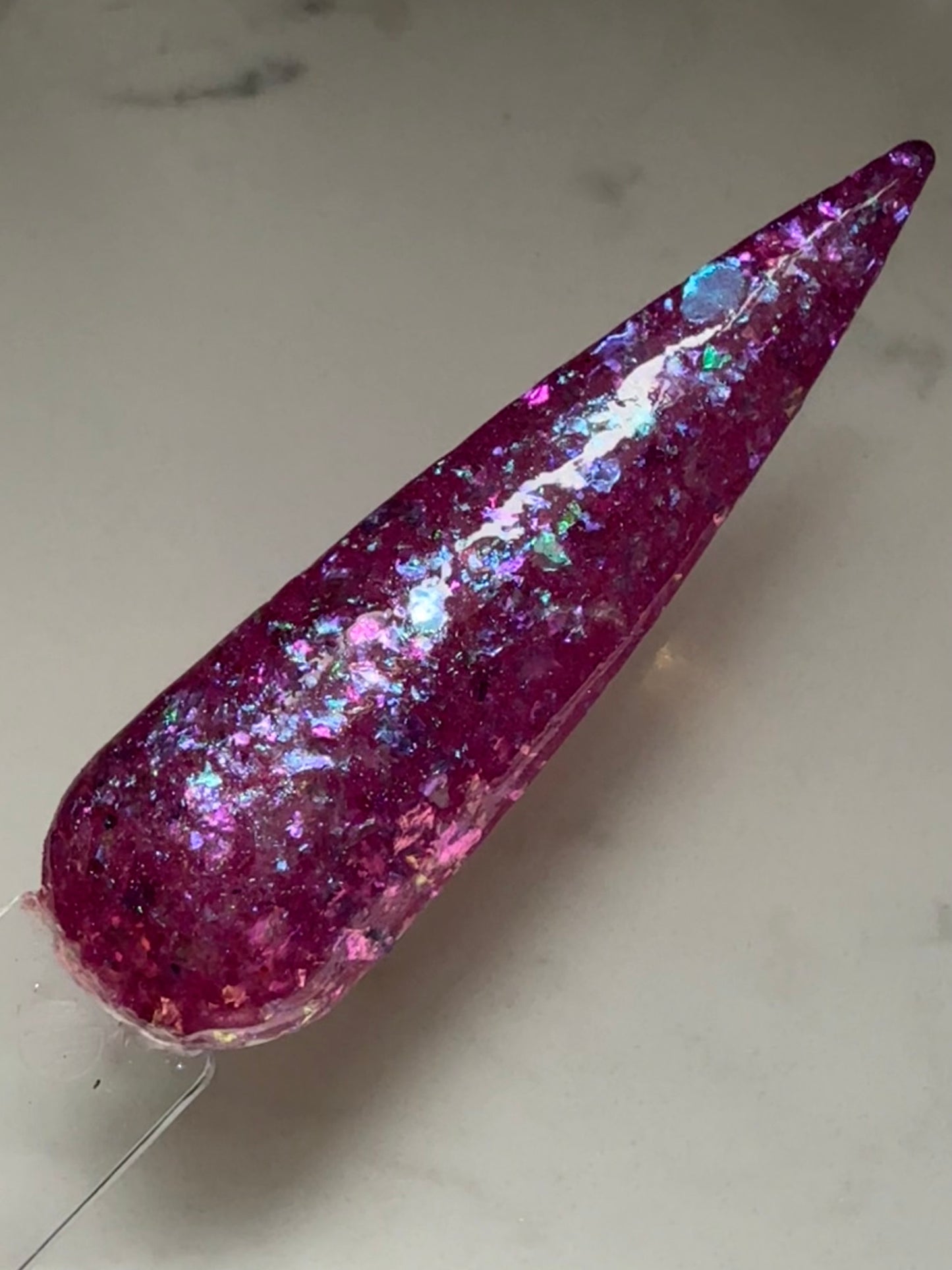 Girl Math magenta dip powder with fuchsia, violet, aqua, teal and icy blue iridescent flakes