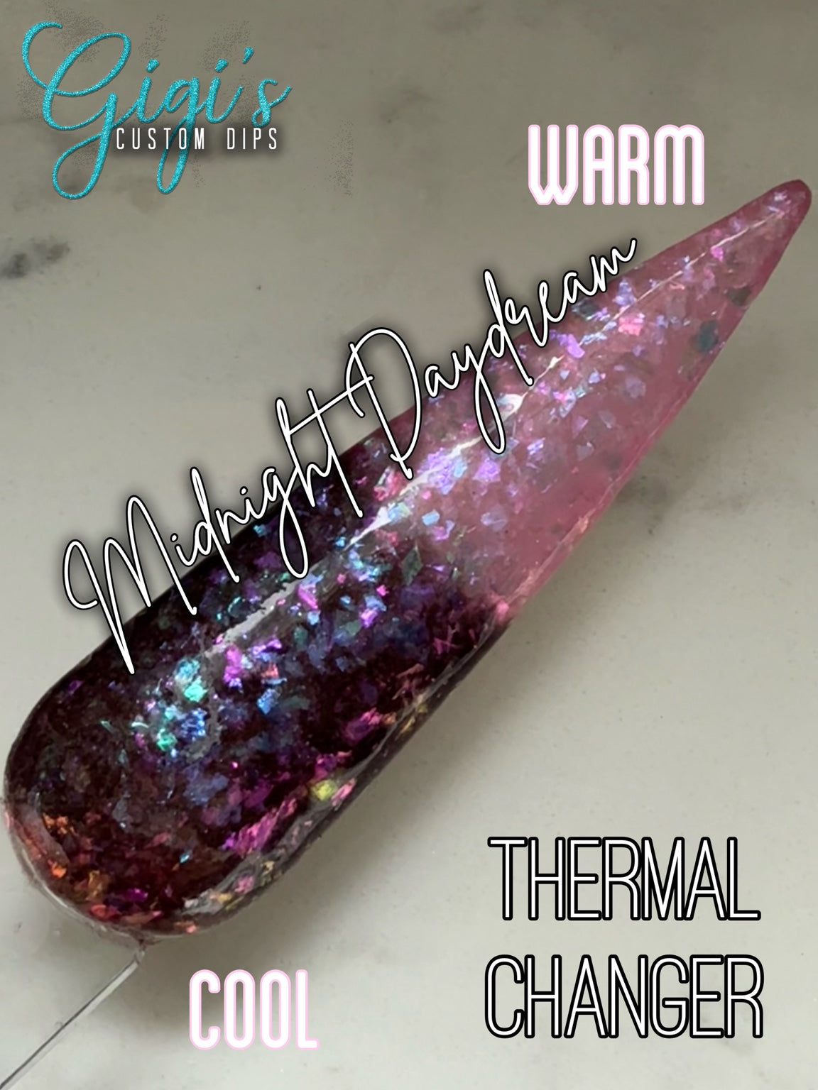 Labeled Midnight Daydream thermal dip powder shifting from cool deep plum to warm blush pink with iridescent flakes