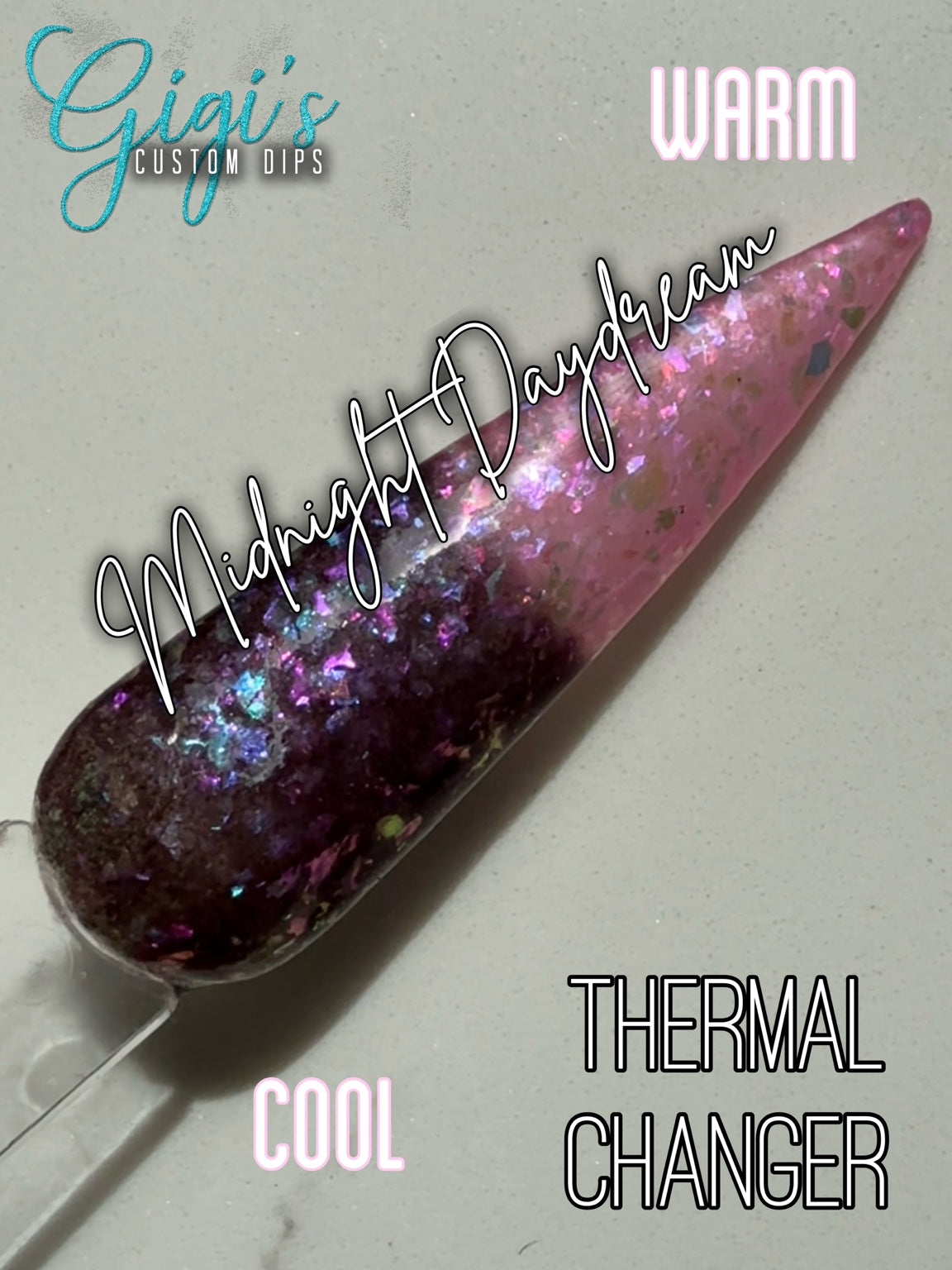 Labeled Midnight Daydream thermal dip powder shifting from cool deep plum to warm blush pink with iridescent flakes