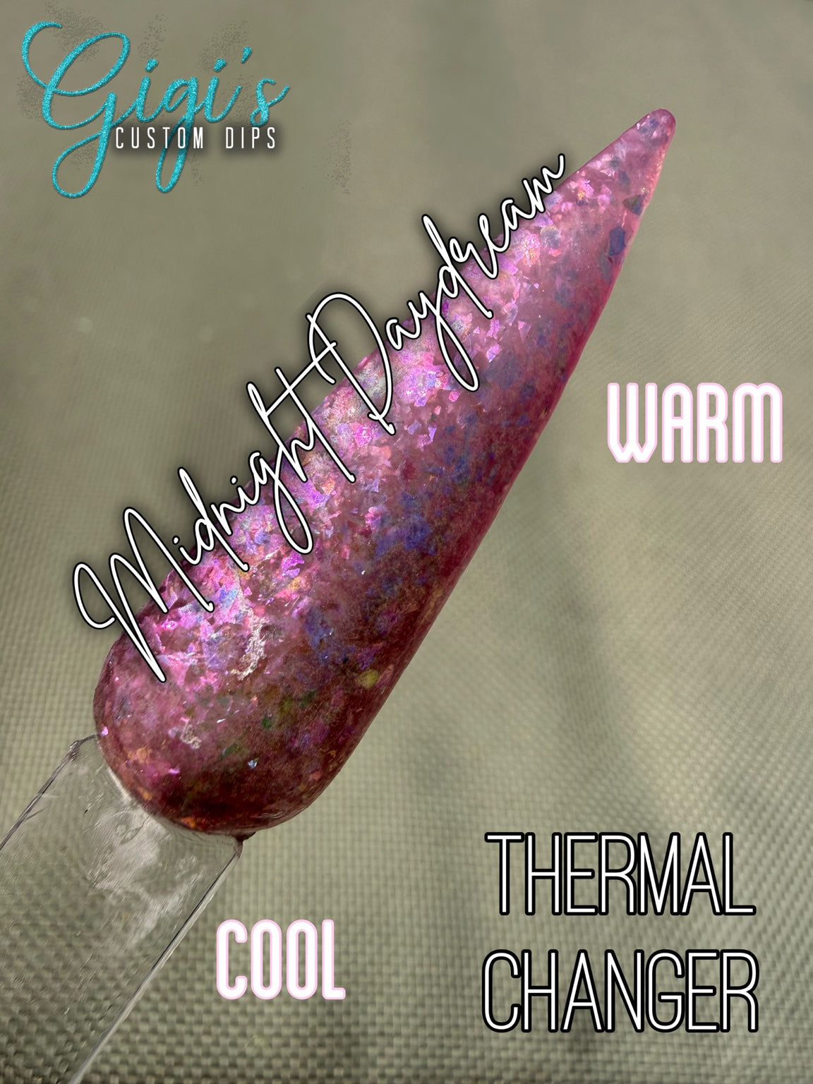 Labeled Midnight Daydream warm blush pink thermal dip powder with iridescent flakes