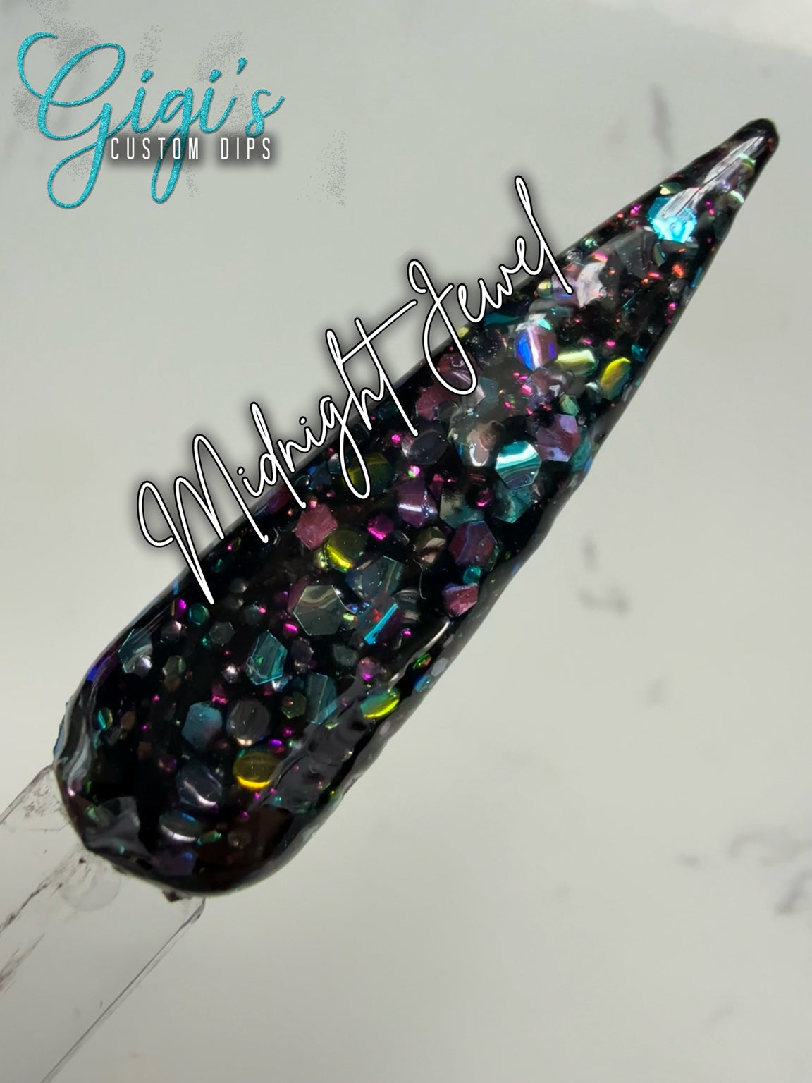 Midnight Jewel rhinestone glitter dip powder swatch