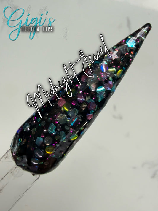 Midnight Jewel rhinestone glitter dip powder swatch