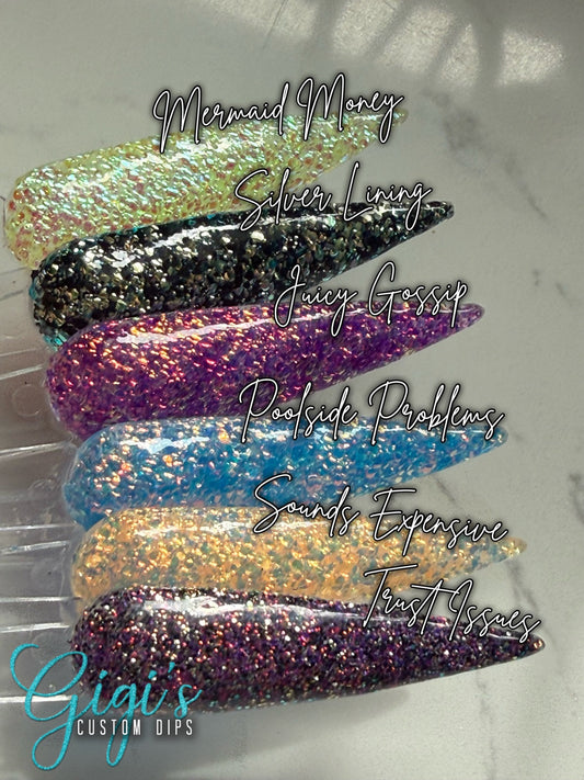 Six-shade rhinestone dip powder collection featuring Trust Issues