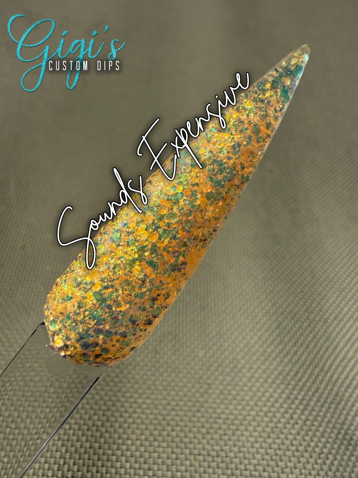Sounds Expensive translucent champagne gold with aqua, teal and rainbow-iridescent super mini rhinestone/3d glitters
