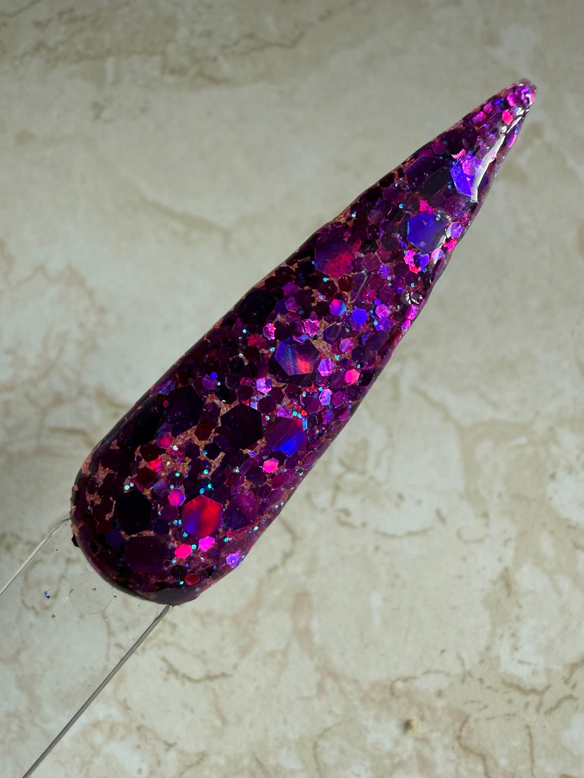Spell Check chunky purple glitter dip powder swatch