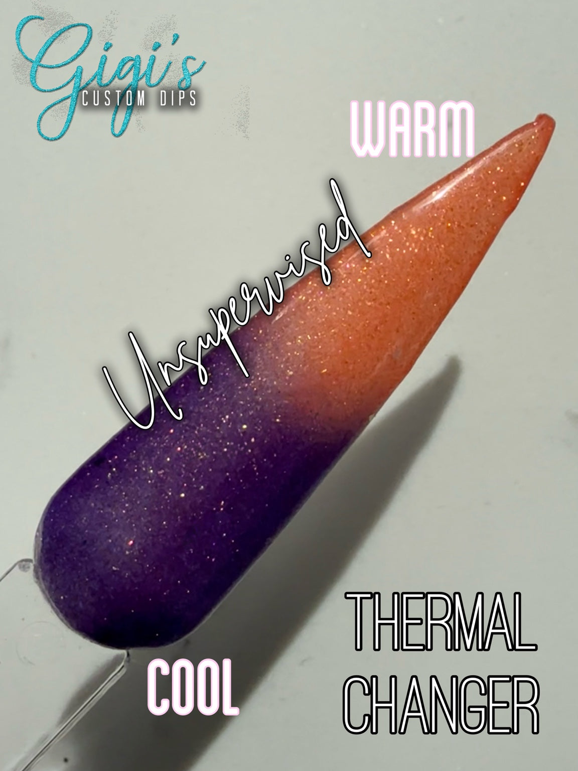Labeled Unsupervised thermal dip powder swatch showing cool rich purple and warm coral peach with golden shimmer