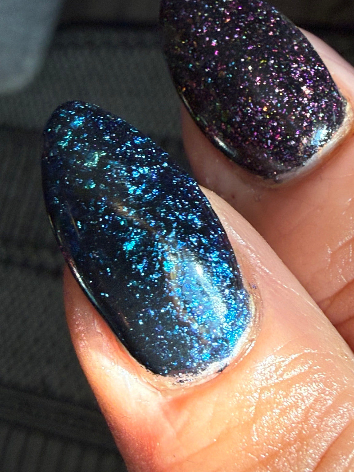 Zero Regrets blue and Burn Book purple chameleon flake manicure