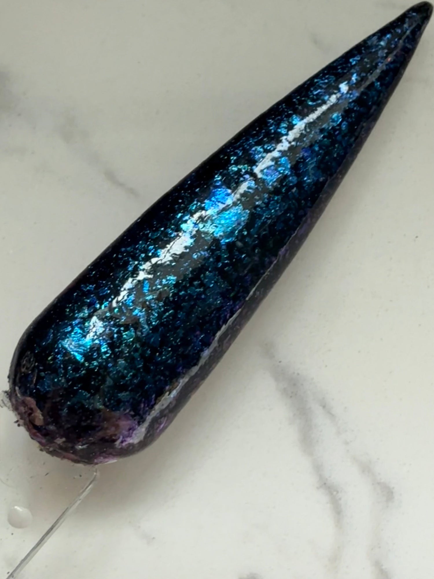 Zero Regrets electric blue aqua chameleon flake swatch in alternate lighting