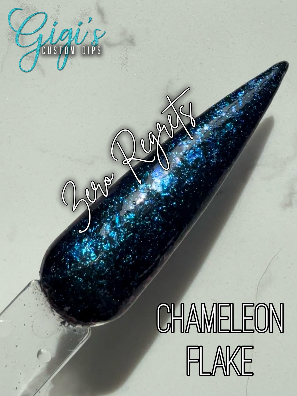 Zero Regrets black dip powder with electric blue through aqua and teal, with subtle flashes of violet chameleon flakes
